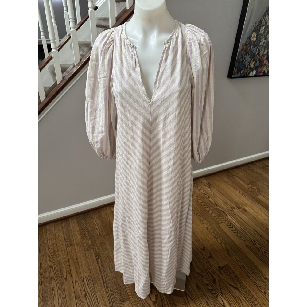 THE GREAT. The Striped Maxi Dress Puff Sleeve Purple White Cotton Size 0 XS